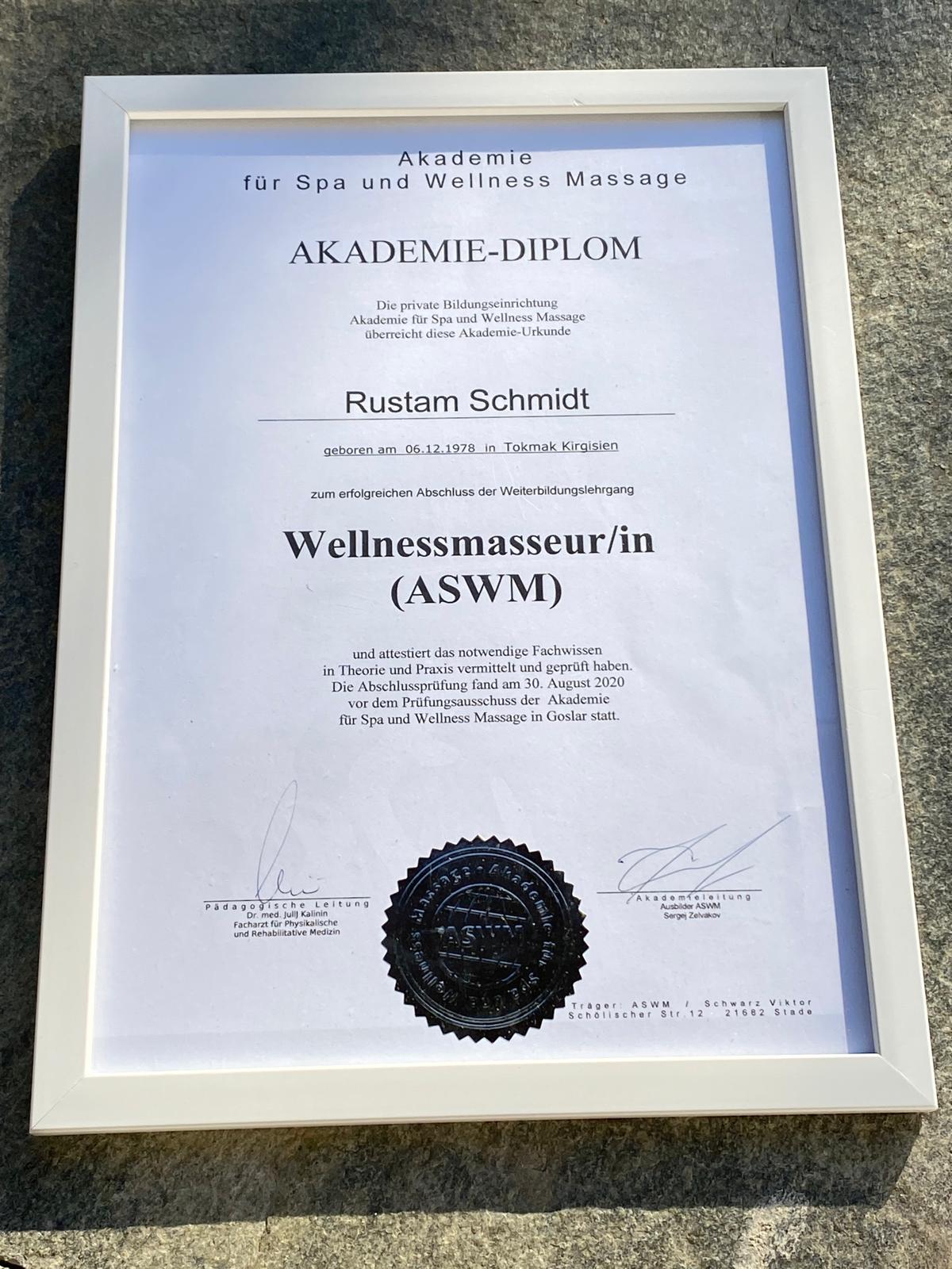Zertifizierter Wellnessmasseur Diplom – Rustam Schmidt Arnsberg
